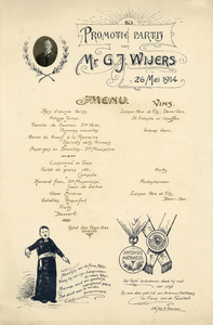 711512 Mr. G.J. Wijers, Kromme Nieuwegracht 26. Menukaart (groot formaat) van diens 'promotie partij' op 26 mei 1914 in ...